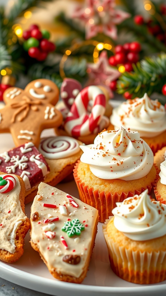 A colorful assortment of Christmas treats including gingerbread cookies, peppermint bark, and eggnog cupcakes on a festive table.